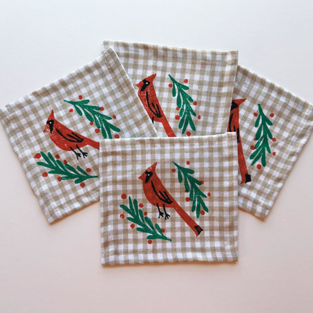 "Cardinals on Gingham Cocktail Napkins" - Napkins in beige by Julie Peach