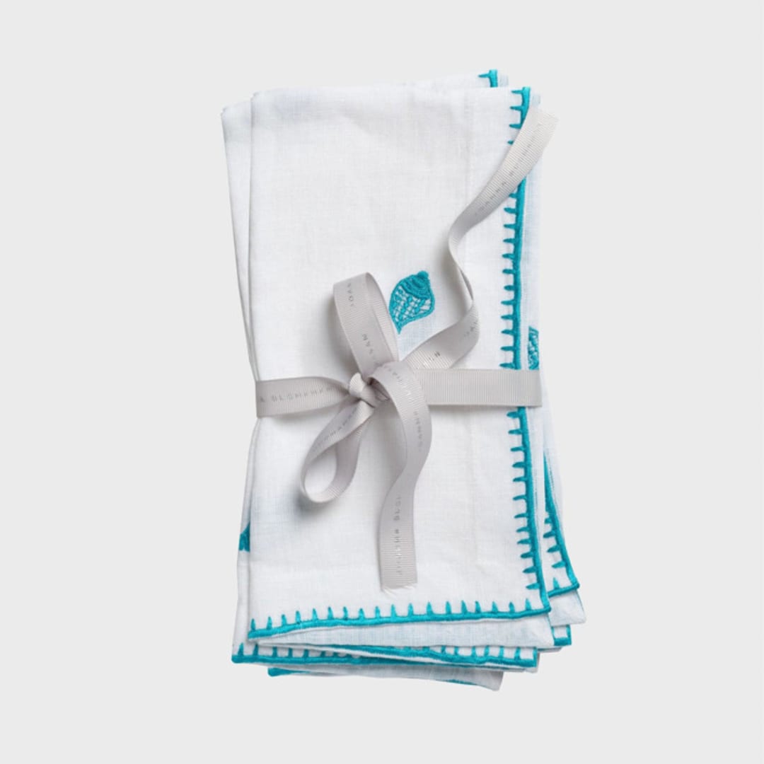 "Shell embroidered dinner napkins, white, set of two" - Napkins in blue by Joanna Buchanan
