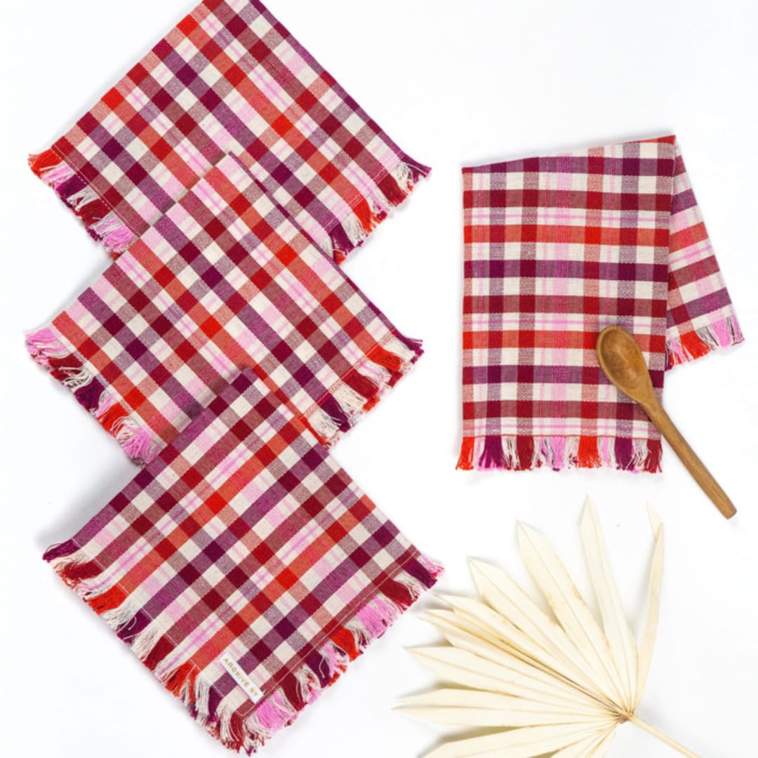 "Noel Plaid Handwoven Cotton Party Napkins, Set of 4" - Napkins in red by Archive New York