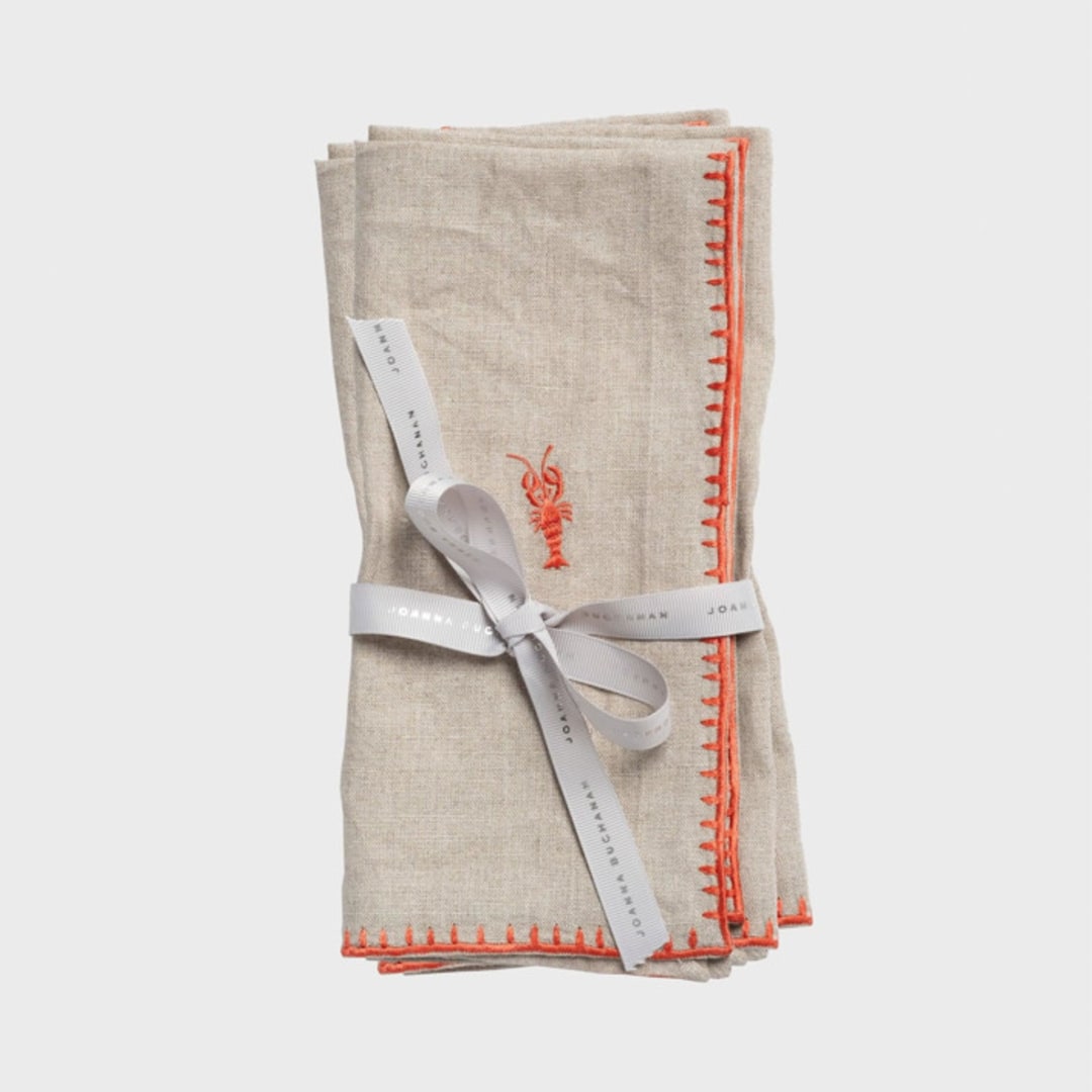 "Lobster embroidered dinner napkins, coral, set of two" - Napkins in orange by Joanna Buchanan