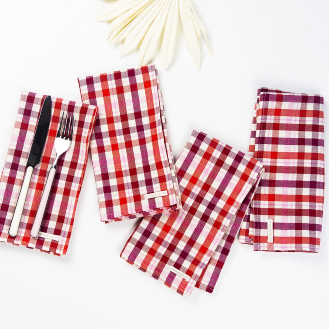 "Noel Plaid Handwoven Cotton Napkins, Set of 4" - Napkins in red by Archive New York