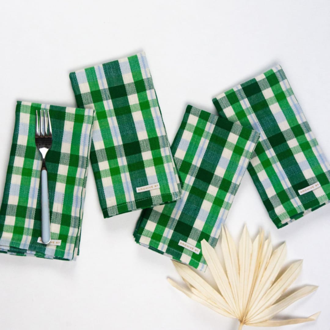 "Josefina Plaid Handwoven Cotton Napkins, Set of 4" - Napkins in green by Archive New York