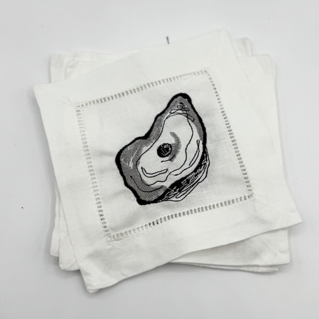 "Embroidered Linen Oyster Cocktail Napkins, Set of 4" - Napkins in white by Ashley Myers