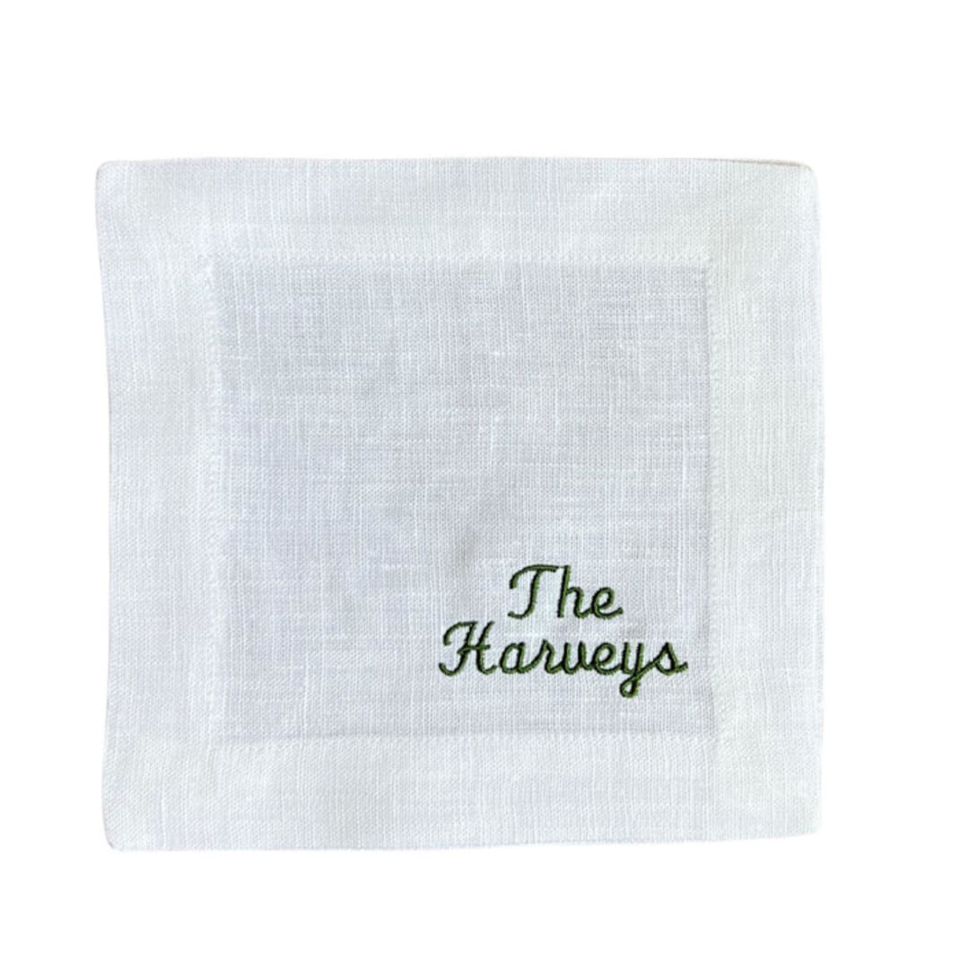 "Custom Name Embroidered Cocktail Napkins" - Napkins in white by Virginia Marcello