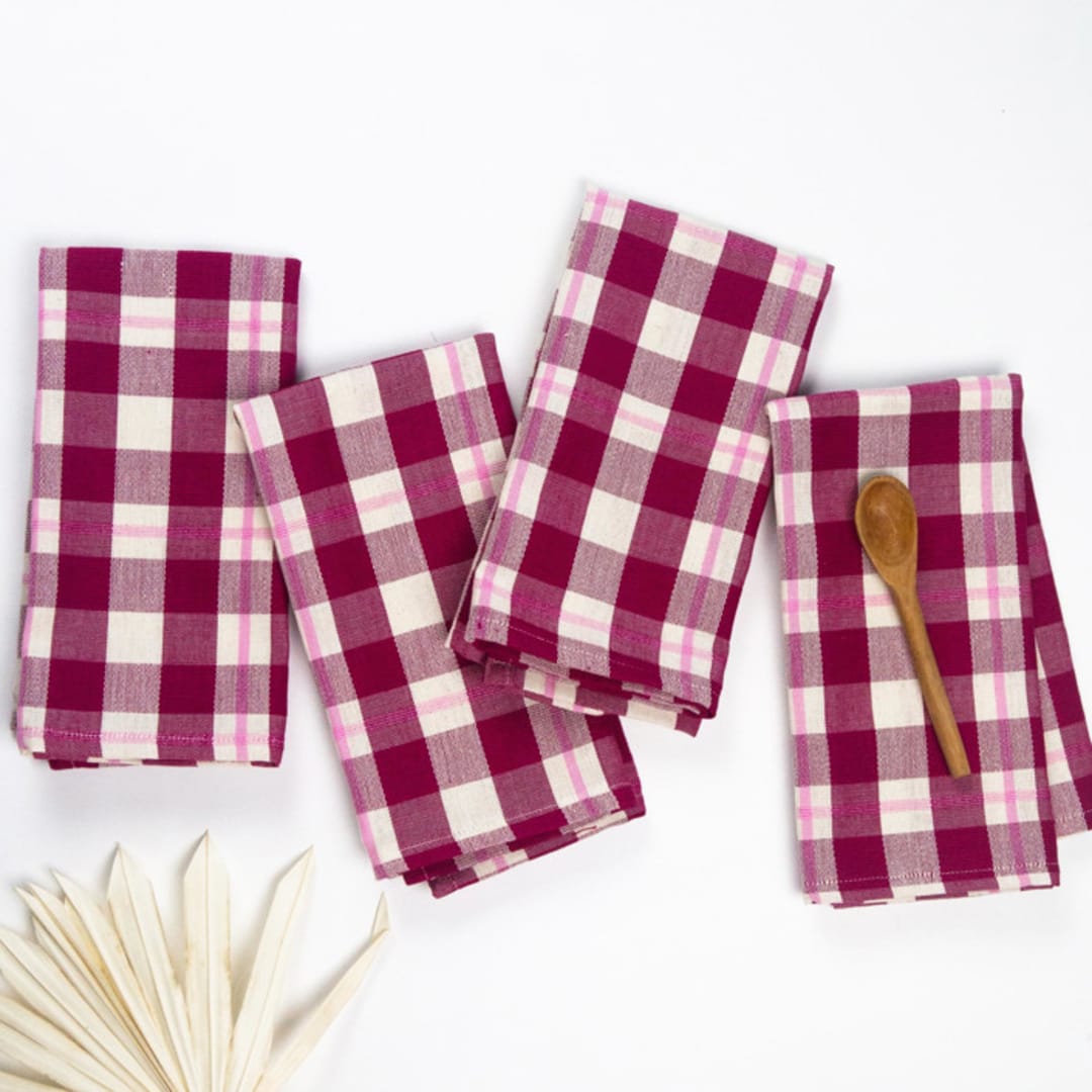 "Abigail Plaid Handwoven Cotton Napkins, Set of 4" - Napkins in red by Archive New York