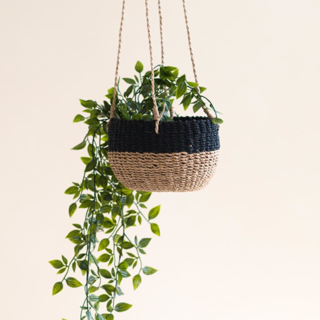 "Natural + Black Round Hanging Planter" - Planters in black by LIKHA