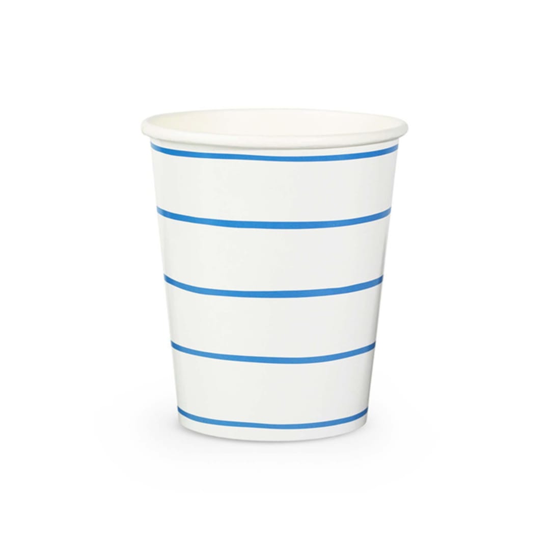 "Cobalt Frenchie Stripes 9 oz Cups - Pack of 8" - Paper and Plastic Cups in pink by Jollity and Co