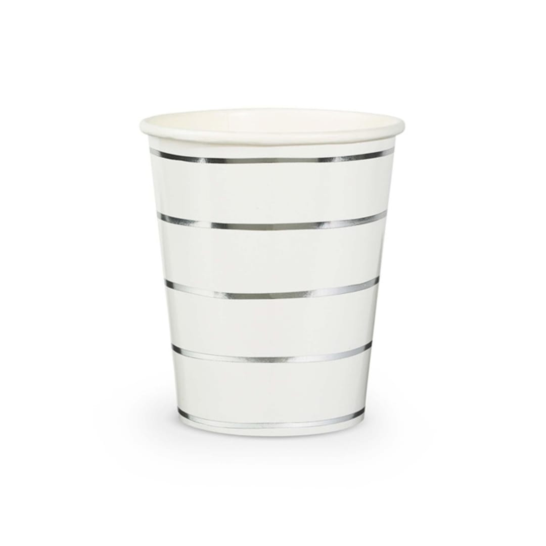 "Silver Metallic Frenchie Stripes 9 oz Cups - Pack of 8" - Paper and Plastic Cups in natural by Jollity and Co