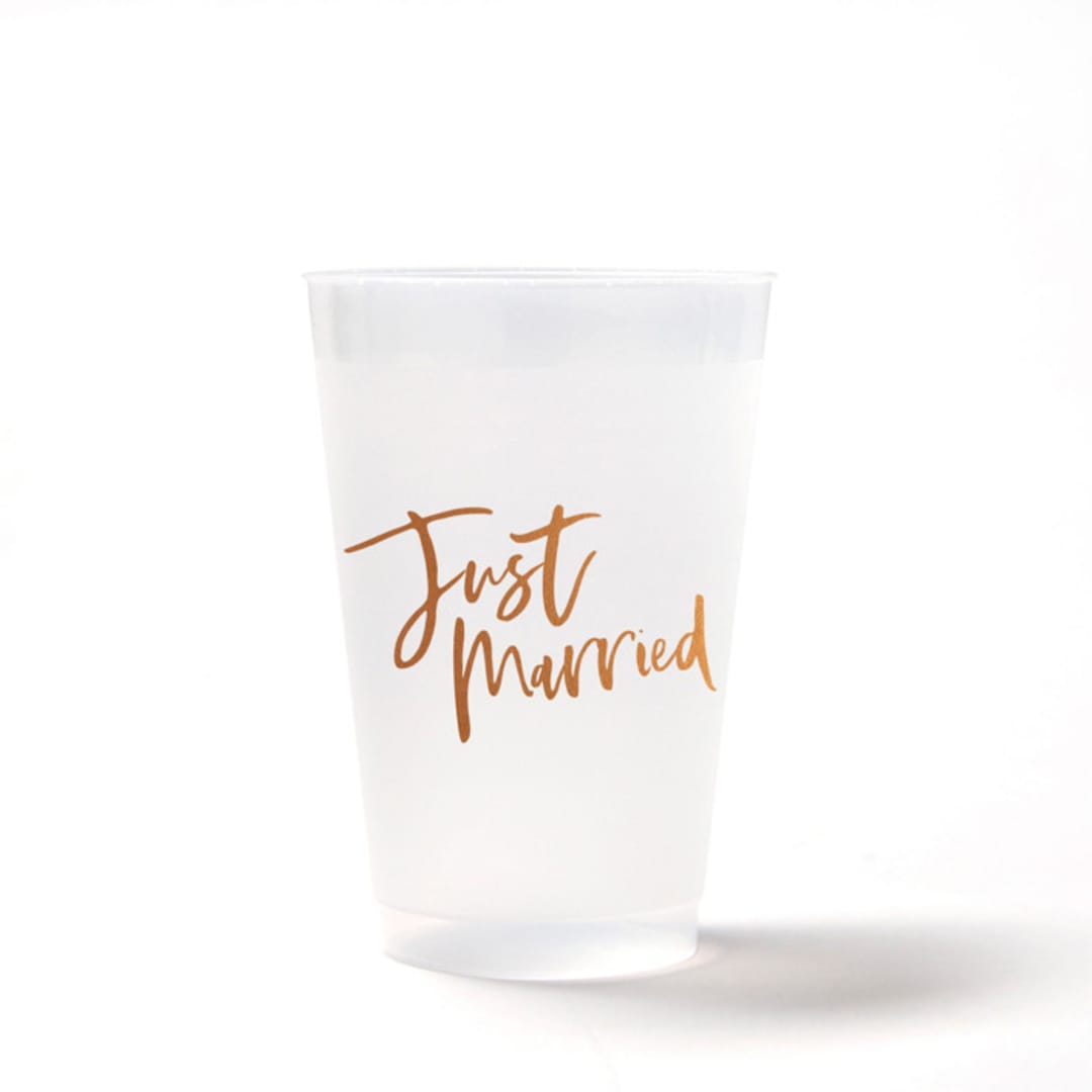 "Just Married Cup Pack, Frosted Plastic Cup, Pack of 8" - Paper and Plastic Cups in beige by ForYourParty