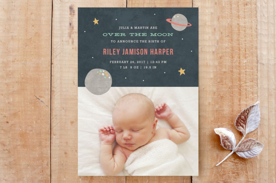 "Over the Moon Birth Announcement" - Stationery in Salmon by Amber Barkley - Front
