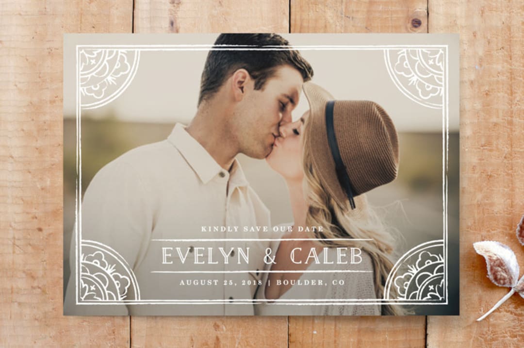 "Ornate Corners Save the Date" - Stationery in Pearl by Amber Barkley - Front