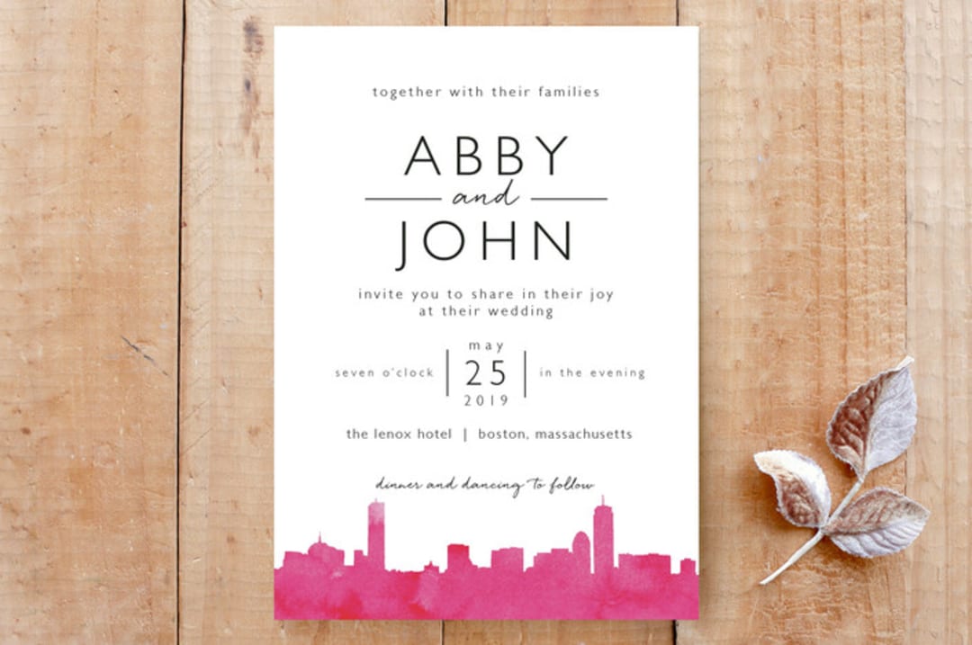 "Skyline Boston Wedding Invitation" - Stationery in Magenta by Laura Condouris - Front