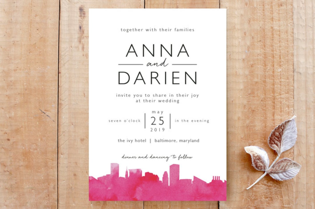 "Skyline Baltimore" - Stationery in Magenta by Laura Condouris - Front
