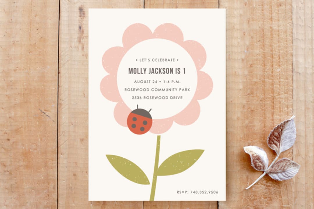 "The Flower and the Ladybug Invitation" - Stationery in Apricot by Amber Barkley - Front