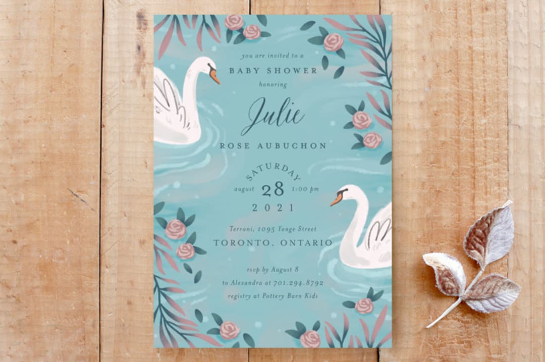 "Swans and Roses" - Stationery in Dusty Turquoise by Sam Dubeau - Front
