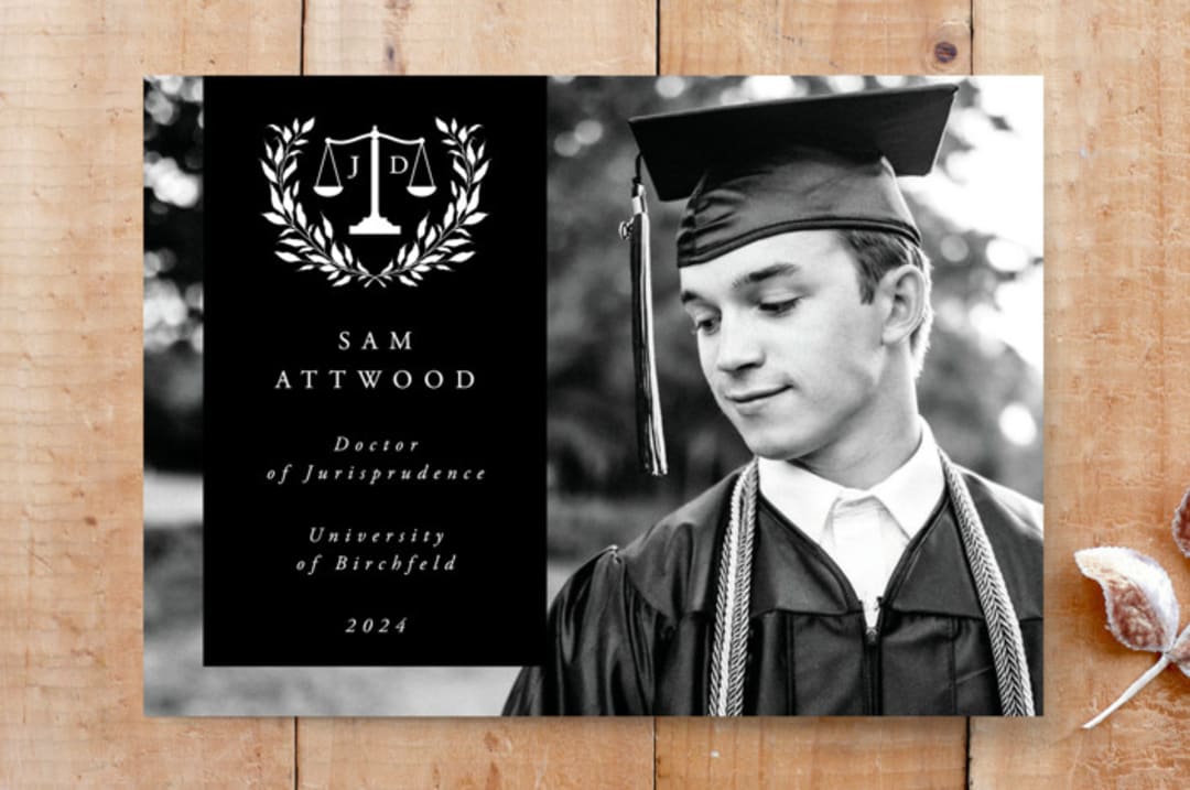 "Juris Doctor Law Scales and Laurel Wreath Photo Announcement" - Stationery in Noir by itsjensworld - Front