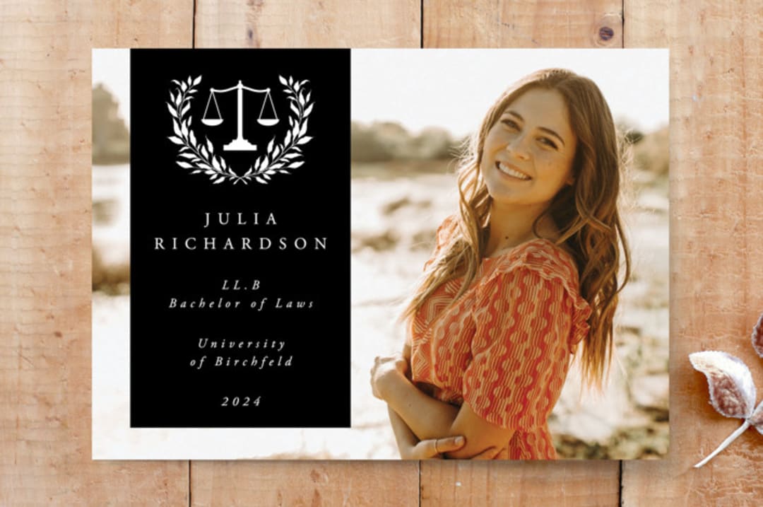 "Legal Qualifications Law Scales and Laurel Wreath Photo Announcement" - Stationery in Noir by itsjensworld - Front