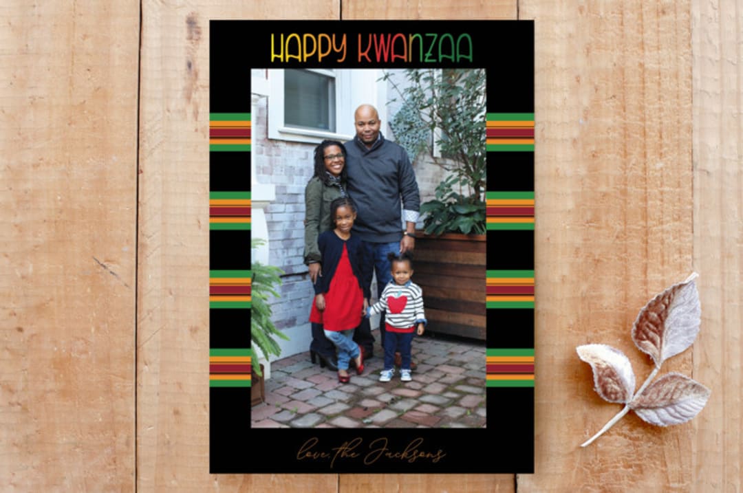 "Kwanzaa Kente Cloth Inspired Photo Card" - Stationery in Black by MAII - Front