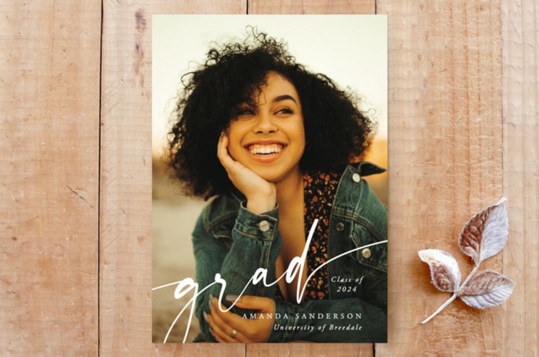 "Minimal Script Overlay Graduation Photo Announcement" - Stationery in White by itsjensworld - Front