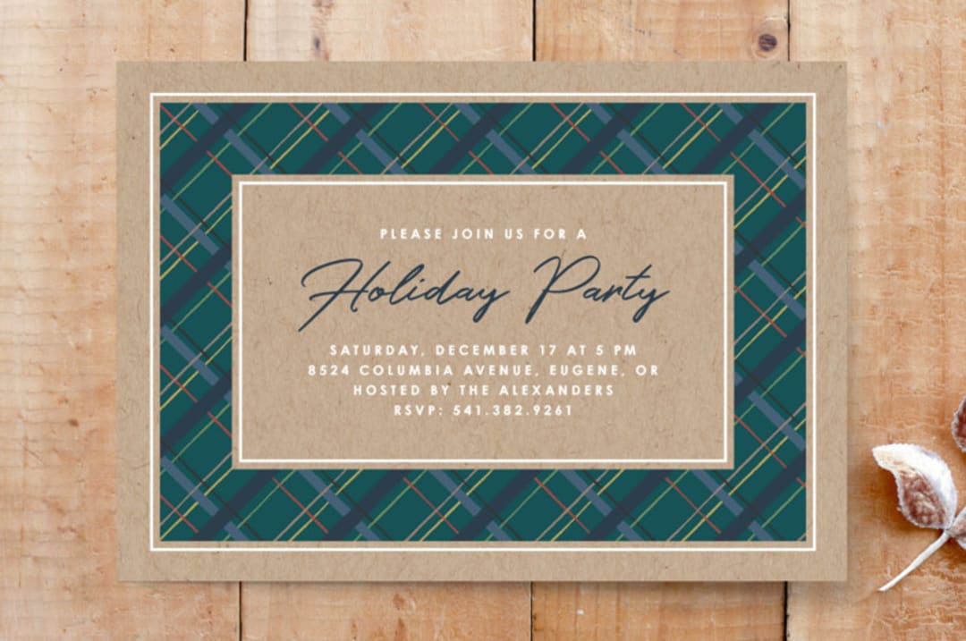 "Winter Plaid Holiday Party Invitation" - Stationery in Teal by Amber Barkley - Front
