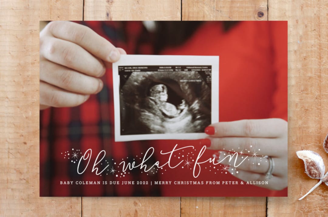 "What Fun Pregnancy Announcement" - Stationery in Snow by Sarah Brown - Front