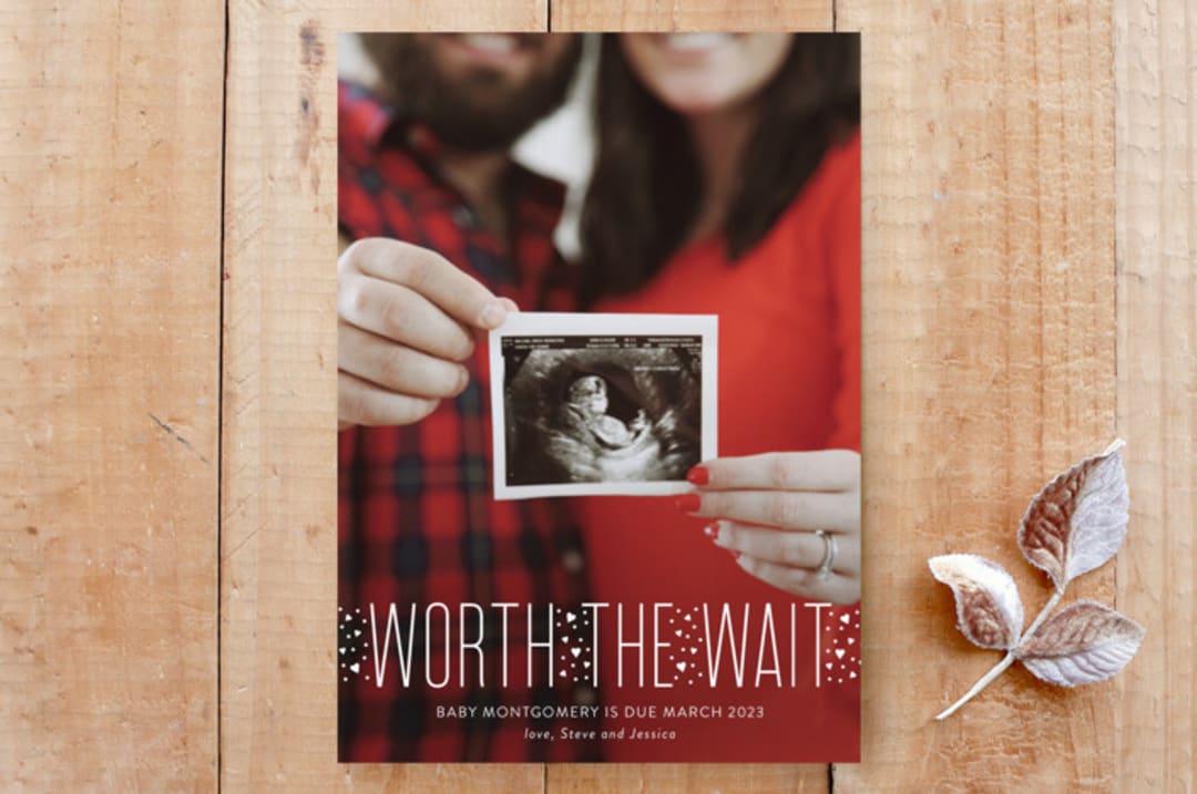 "Worth It Pregnancy Announcement" - Stationery in White by Sarah Brown - Front