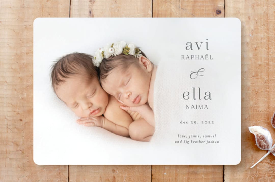 "Elegant Twins Birth Announcement" - Stationery in charcoal by Jamie Alexander - Front