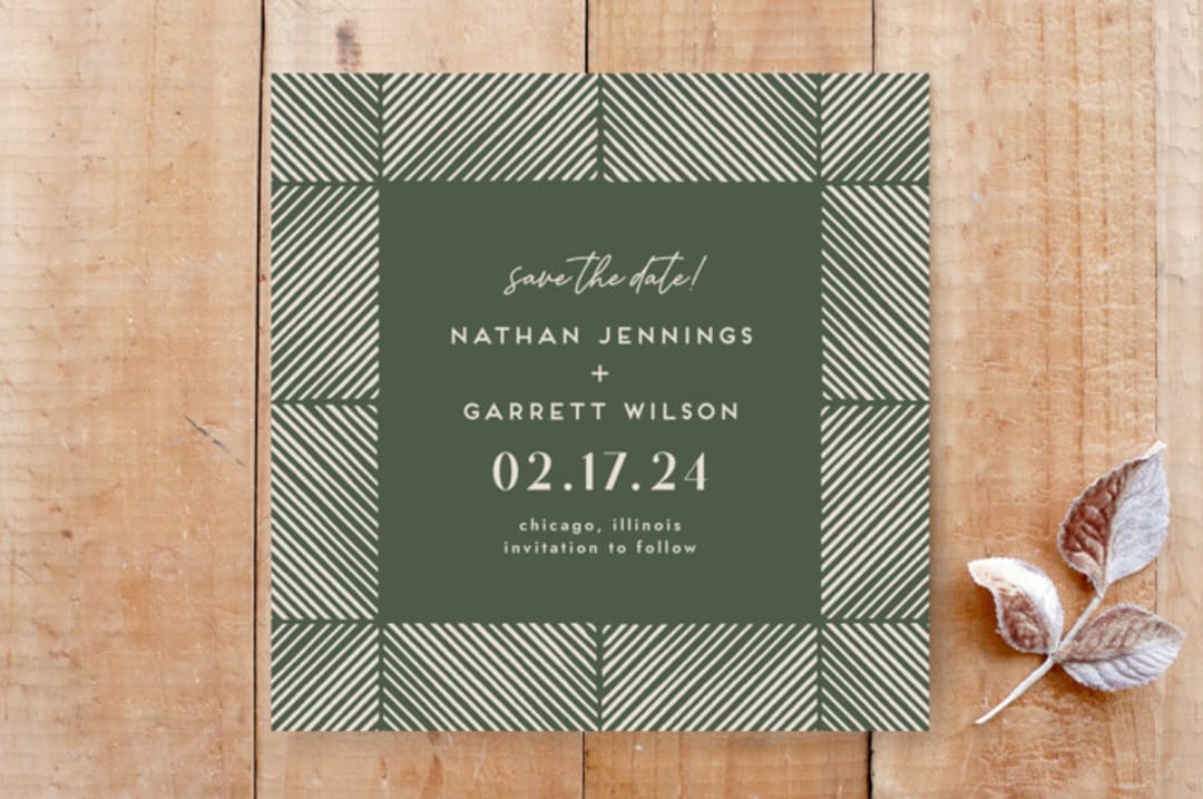 "Herringbone Frame Save the Date" - Stationery in Sage by Amber Barkley - Front