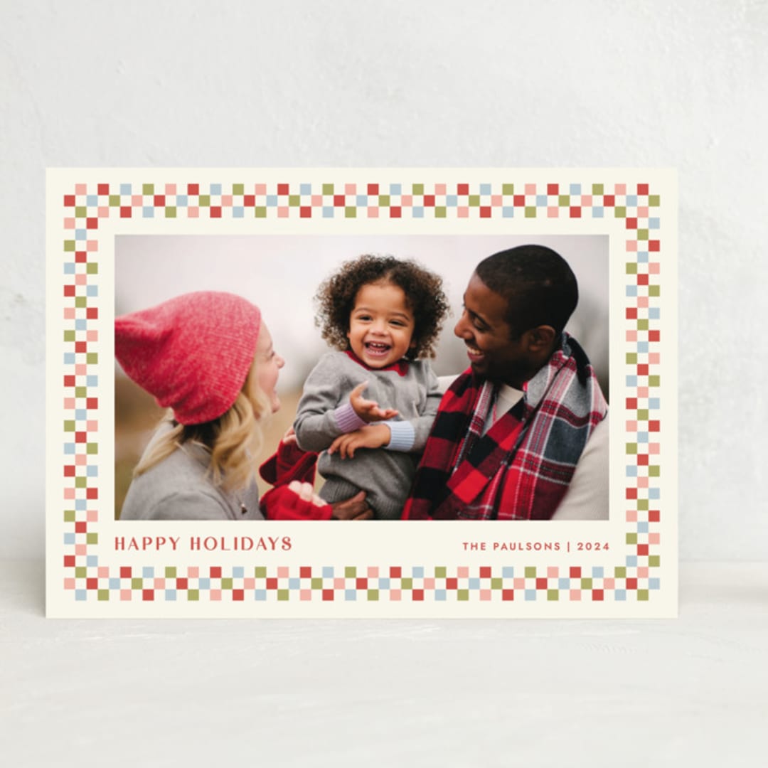 "Checkered Holiday 1-Photo Card" - Stationery in Crimson by Amber Barkley - Front