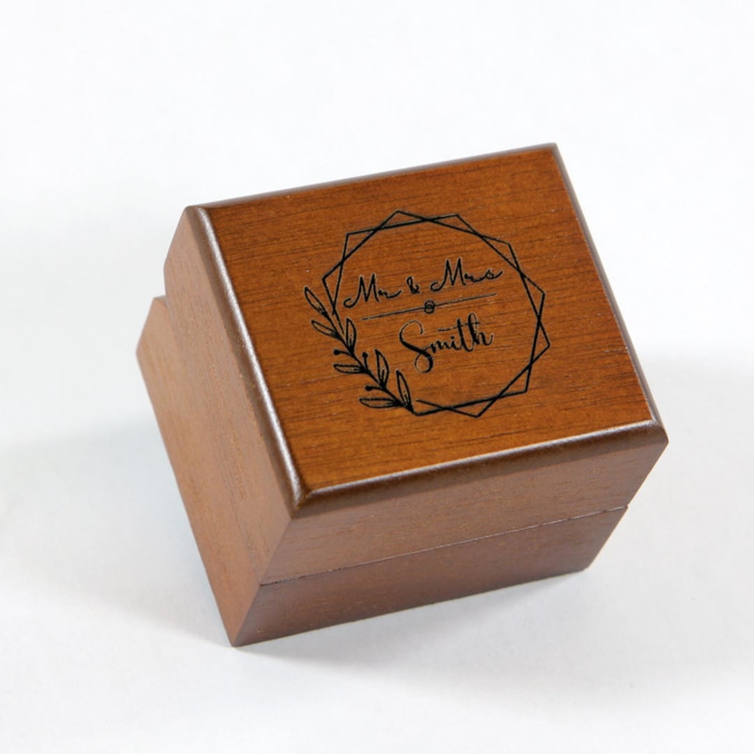 "Personalized Wreath Design Wood Ring Box - Single Slot" - Ring Boxes in brown by Soulmatebox