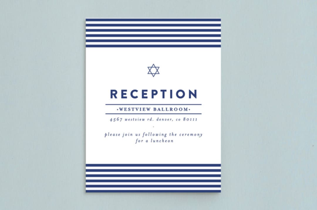 "Classic Stripes" - Mitzvah Reception Cards in Ocean by Melissa Egan of Pistols - Front