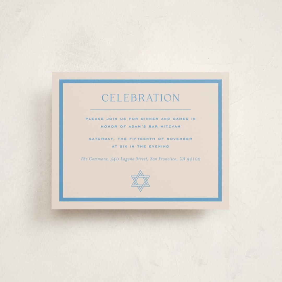 "Racquet" - Mitzvah Reception Cards in Bluebell by Megan Davis - Front