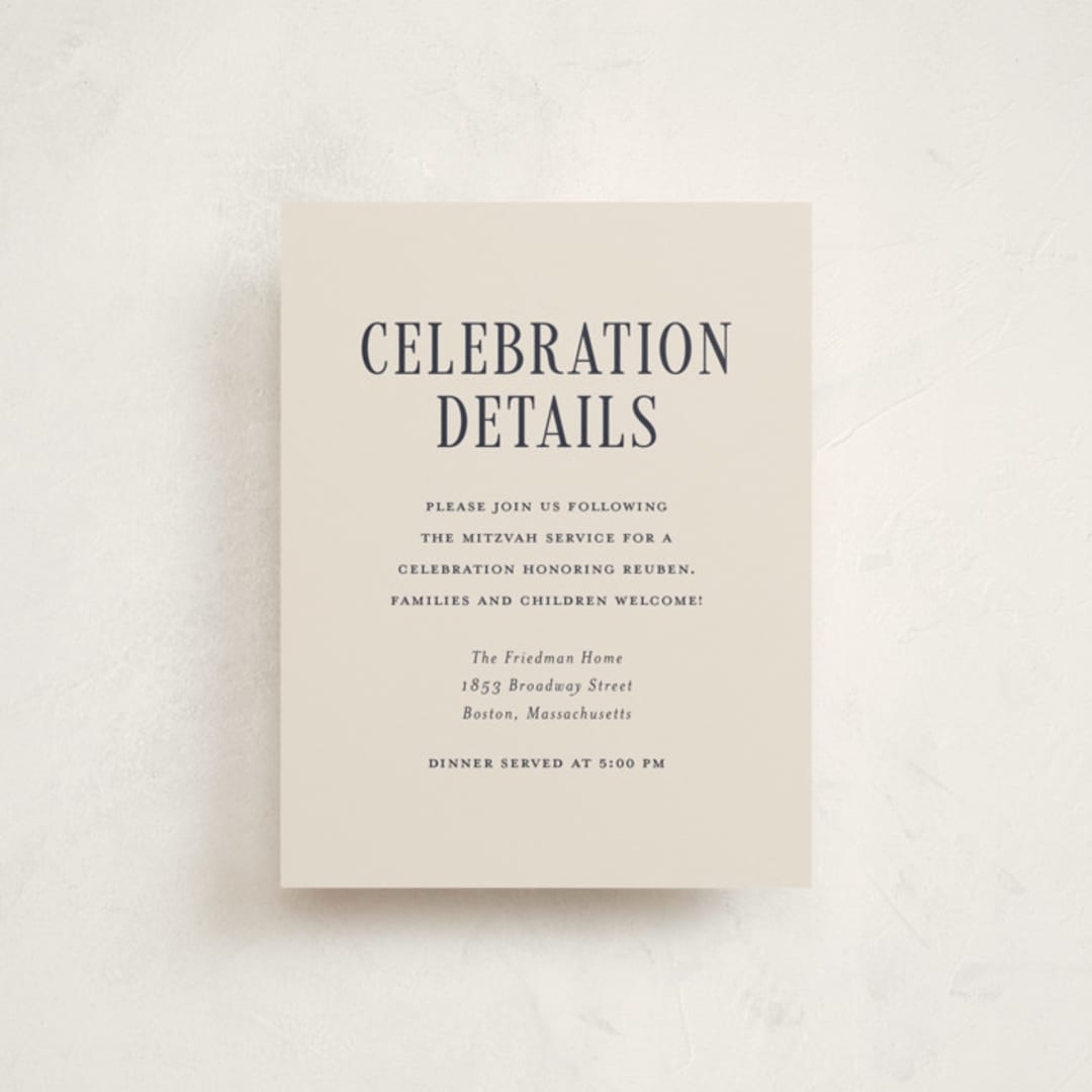 "Broche" - Mitzvah Reception Cards in Midnight by Meagan Christensen - Front