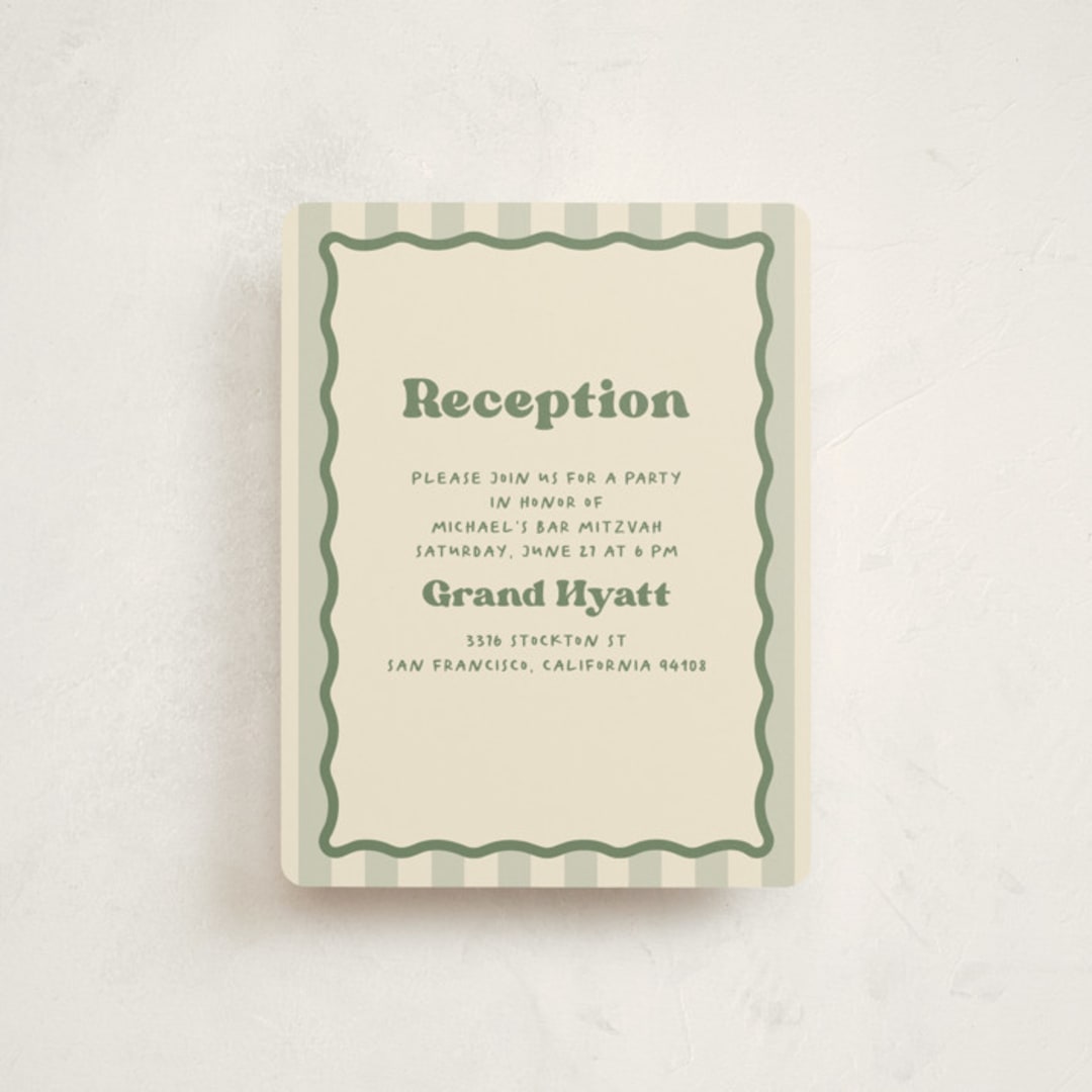 "Camp Mitzvah" - Mitzvah Reception Cards in Sage by Creo Study - Front