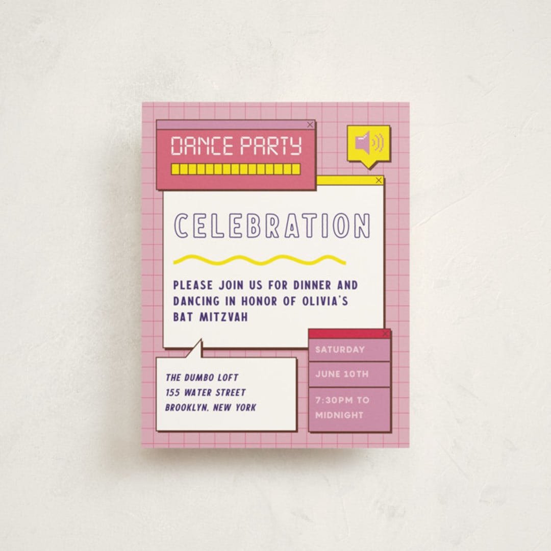 "Bitmap" - Mitzvah Reception Cards in Strawberry by Jennifer Lew - Front