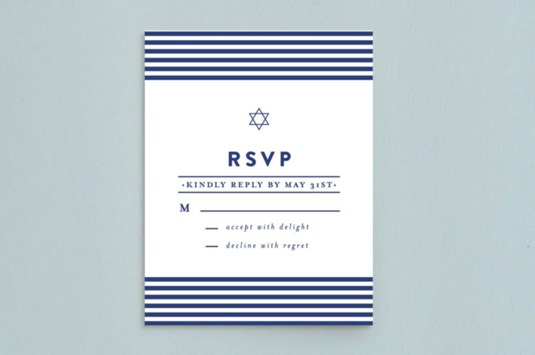 "Classic Stripes" - Mitzvah RSVP Cards in Ocean by Melissa Egan of Pistols - Front