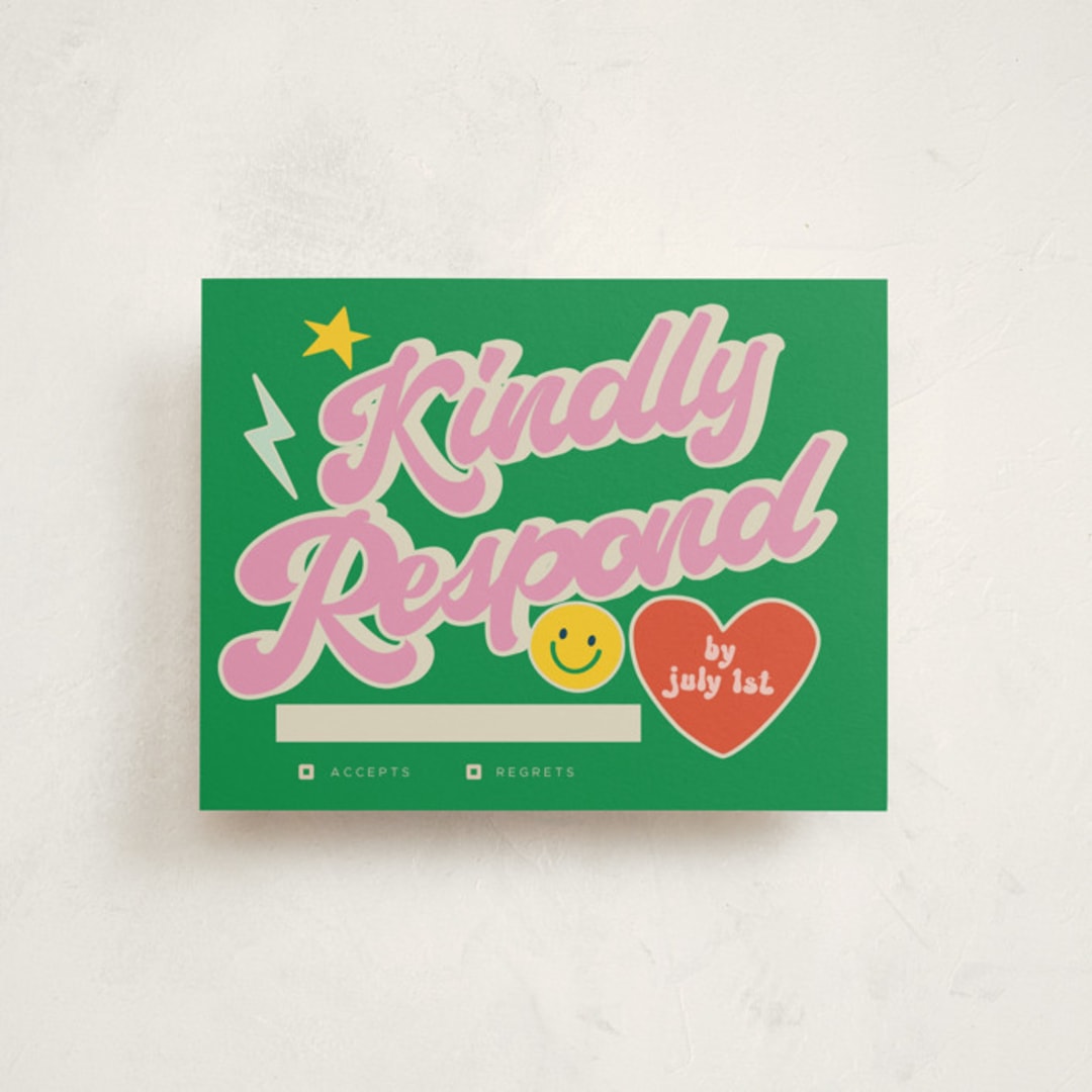 "Retro16" - Mitzvah RSVP Cards in Groovy Blues by Vera Lim - Front