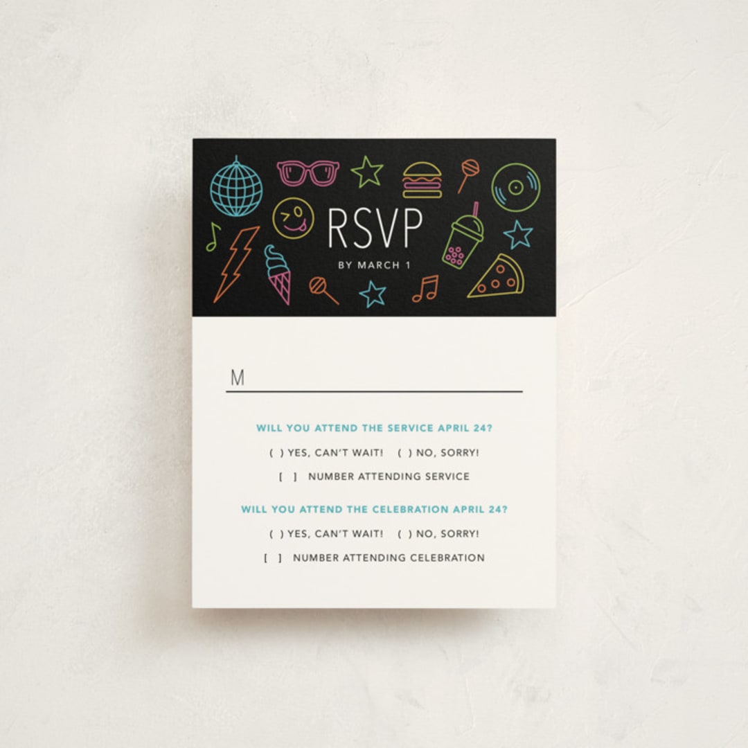 "Neon Vibes" - Mitzvah RSVP Cards in Candy by Brandy Folse - Front