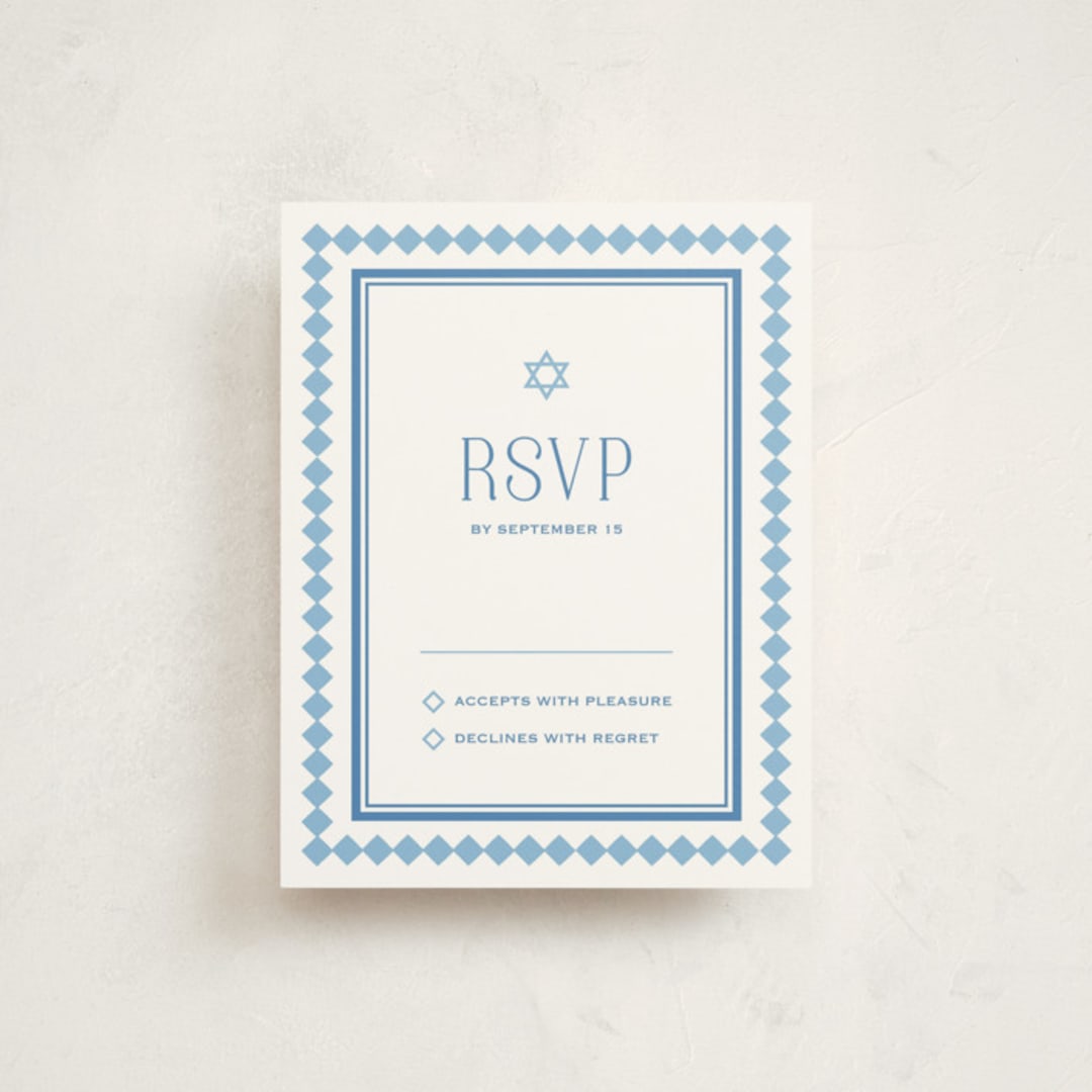 "Checkers" - Mitzvah RSVP Cards in Sky by Carolyn MacLaren - Front