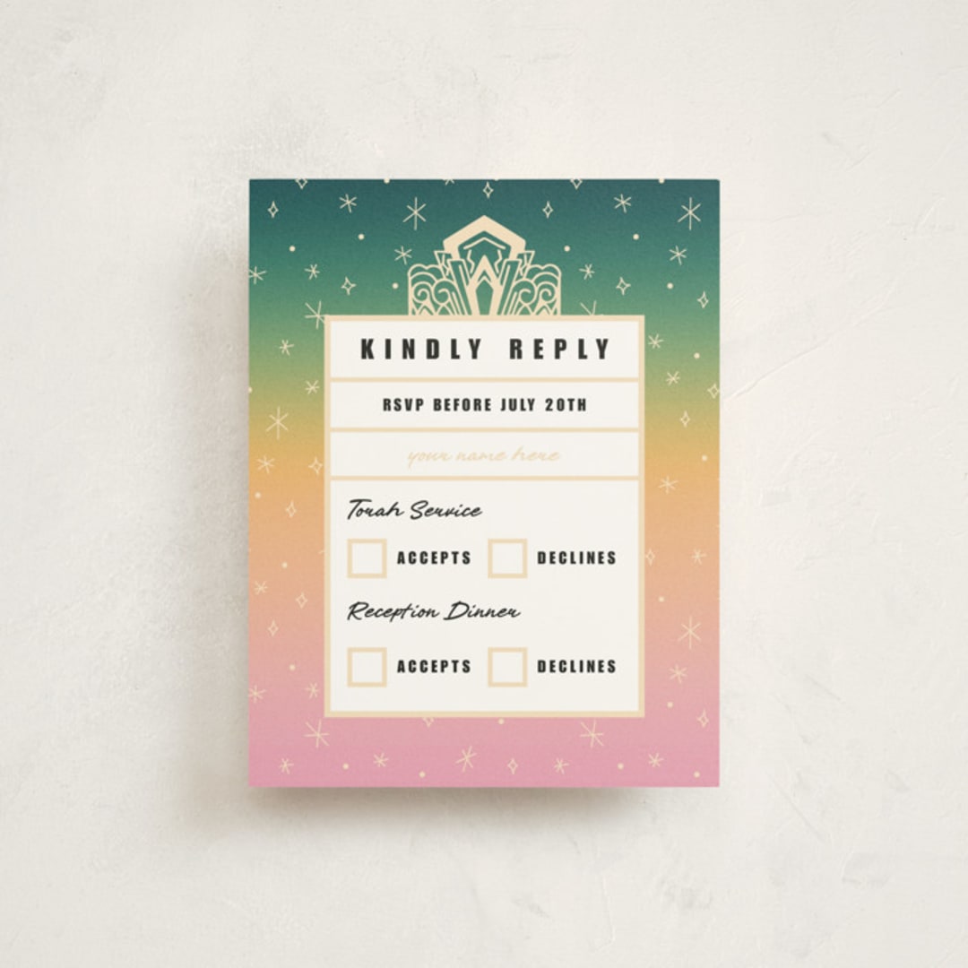 "Bat Mitzvah Theatre Marquee" - Mitzvah RSVP Cards in Peony by Becky Nimoy - Front