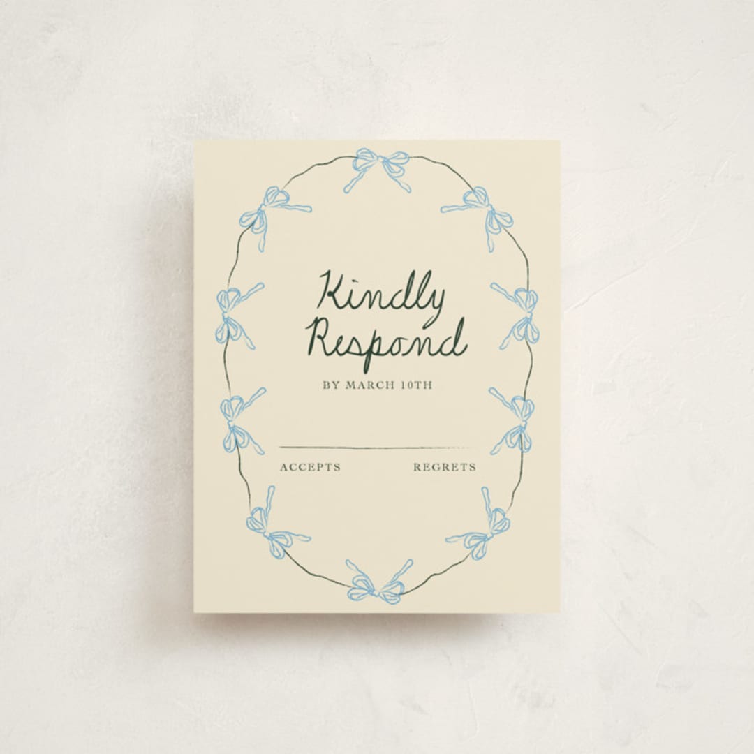 "Oval Bow Wreath" - Mitzvah RSVP Cards in Forest by Aviva Atri - Front