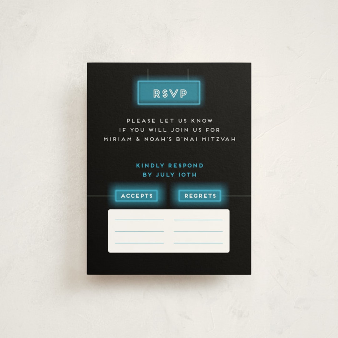 "Neon Glow - B’nai / Bat / Bar Mitzvah Invitation" - Mitzvah RSVP Cards in Lagoon by Anne Retter - SchoepfergeistArt - Front