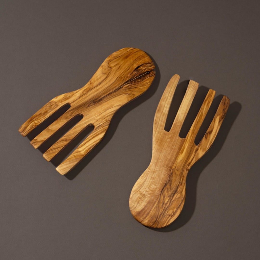 Olive Wood Salad Servers Flat Forks Set