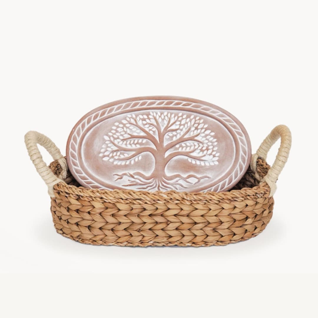 "Handmade Bread Warmer & Wicker Basket - Tree of Life Oval" - Serving Accessories in natural by KORISSA