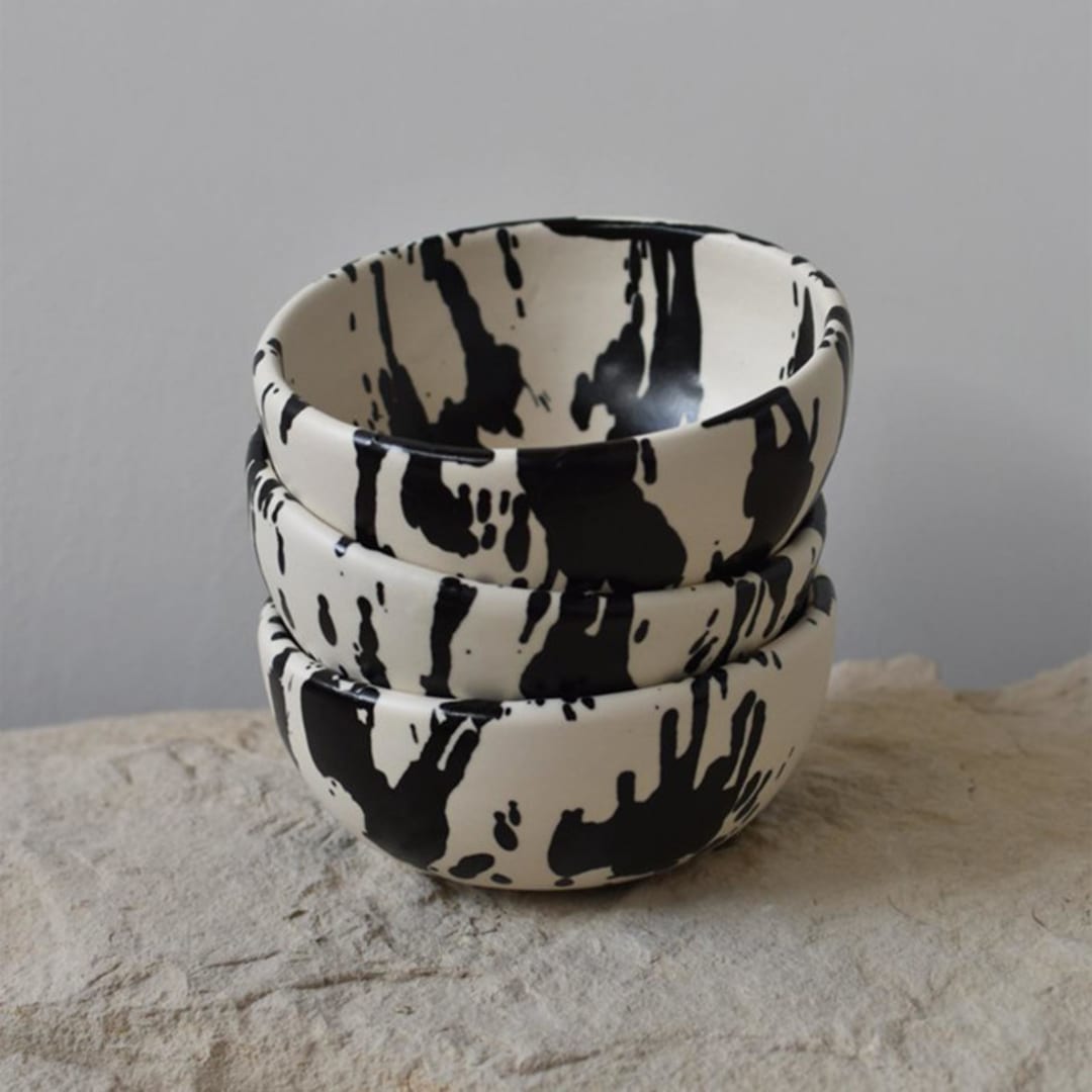 "Rock Handmade Pottery Cereal/Soup Bowl - Black & White Splatterware" - Serving Bowls in multicolor by OWO Cerámica