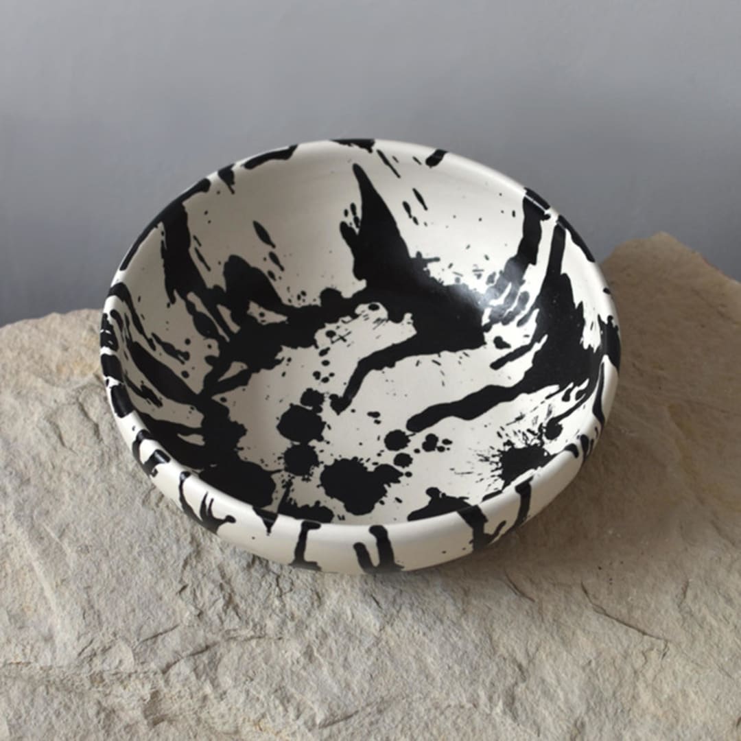 "Handmade Rock Ceramic Salad Bowl - Black & White Splatterware" - Serving Bowls in multicolor by OWO Cerámica