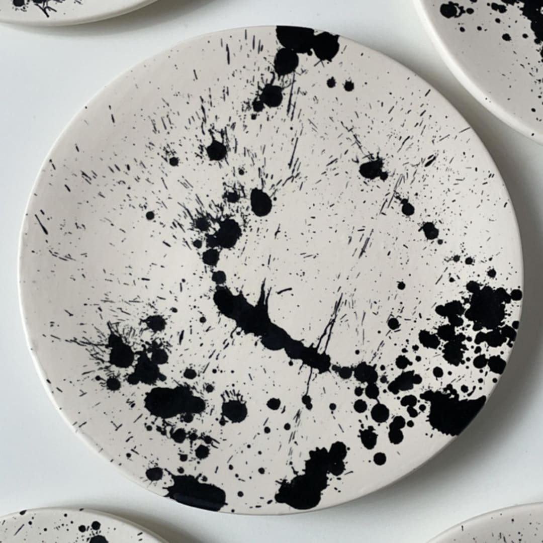 "Set of 2  Handmade Rock Ceramic Appetizer/Dessert Plates - Black & White" - Plates in black by OWO Cerámica