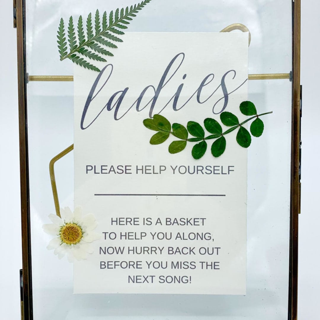Women's Wedding Bathroom Basket Sign With Pressed Flowers