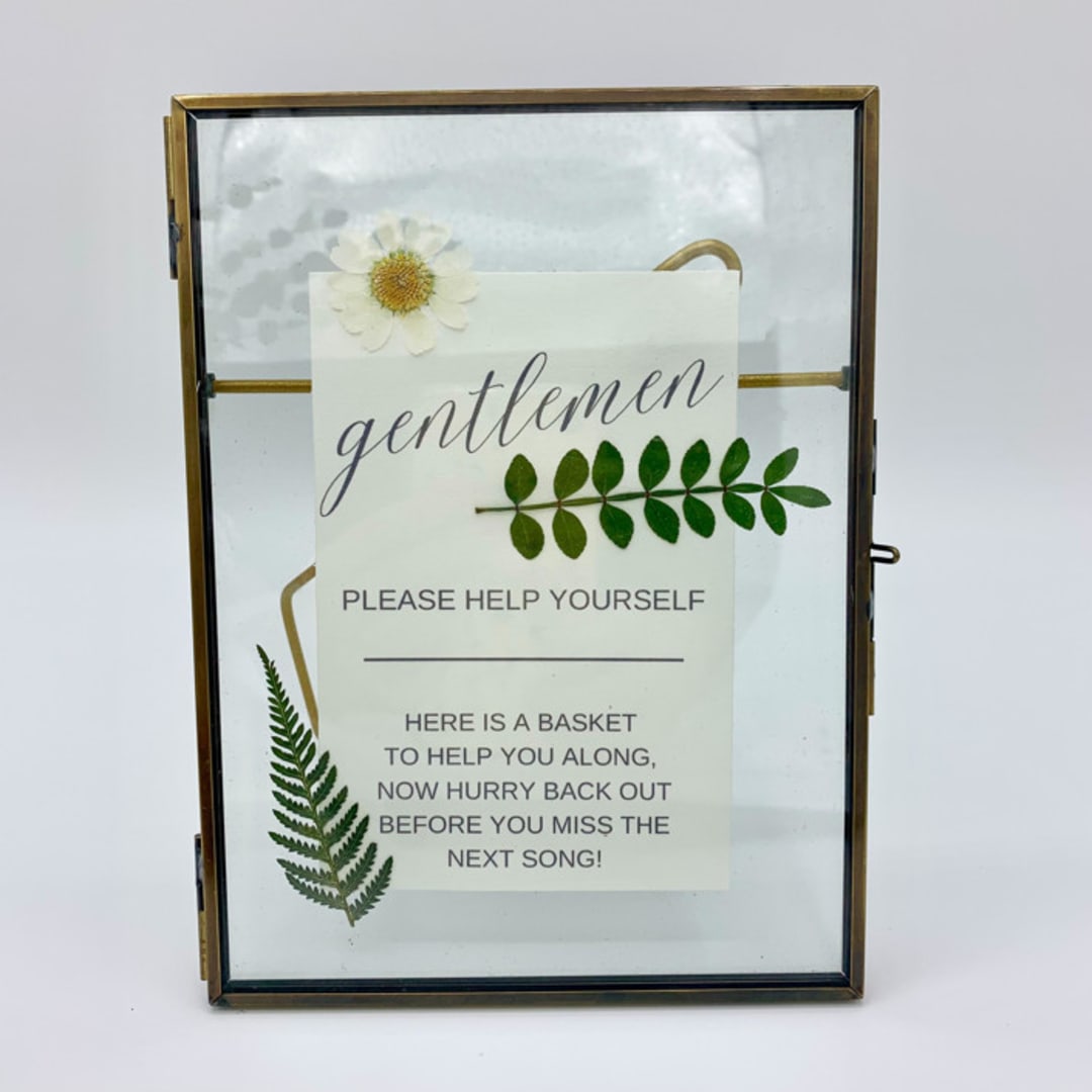 Men's Wedding Bathroom Basket Sign With Pressed Flowers
