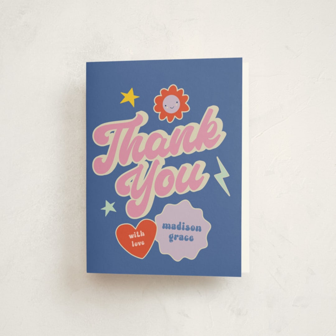 "Retro16" - Mitzvah Thank You Cards in Groovy Blues by Vera Lim - Front